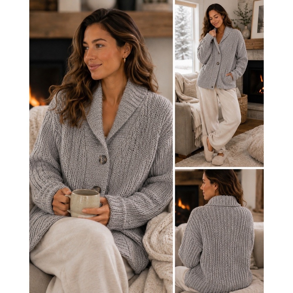 J. Jill Cardigan Women S Petite Grey Excellent Shawl Collar Chunky Knit Sweater